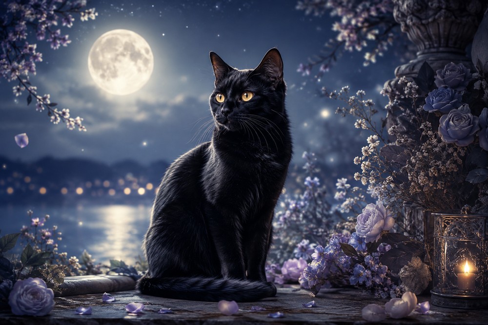 満月の夜に花々に囲まれてたたずむ黒猫の待ち受け画像