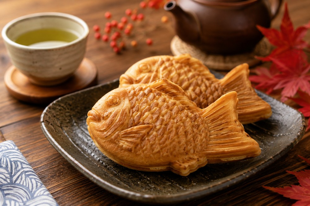 緑茶と紅葉を添えた香ばしいたい焼きの待ち受け画像